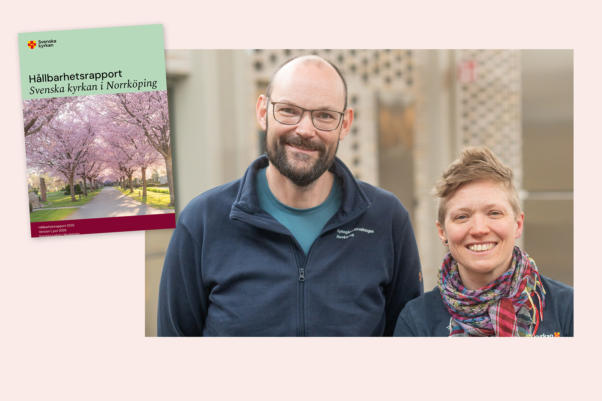 En porträttbild på Jonathan Nyling och Carolina Tilljander. I hörnet fogas omslaget på hållbarhetsrapporten in.