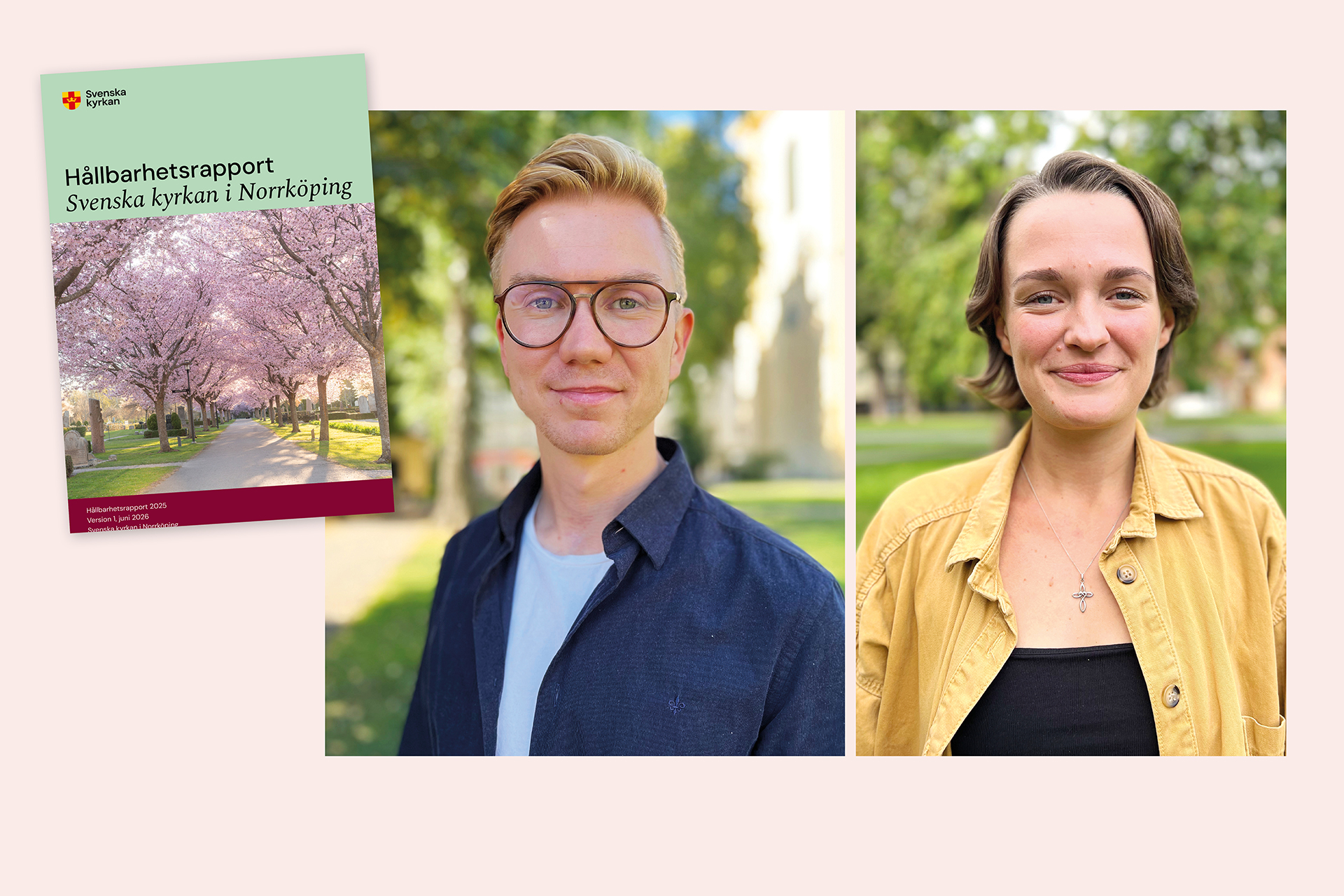 En porträttbild på Putte Skärlund och Malin Fackler Melander. I hörnet fogas omslaget på hållbarhetsrapporten in.