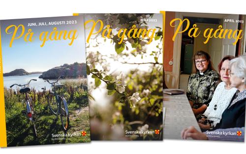 Man ser omslaget på tre På gång-blad lite överlappande.