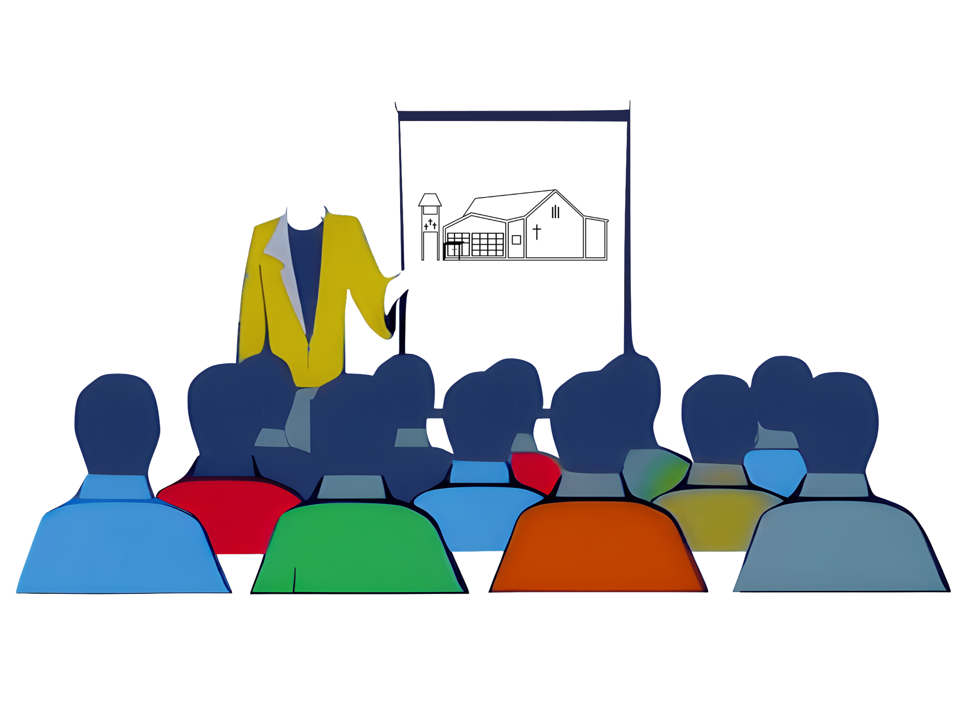 Grafisk bild på människor sedda bakifrån som lyssnar till en föreläsning
