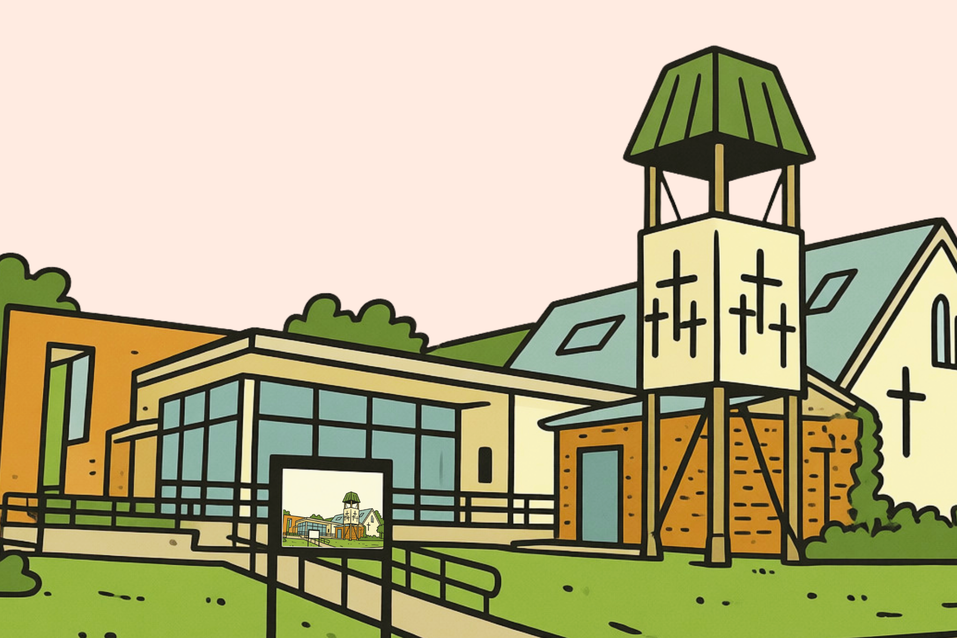 Skissad bild av Götalundens kyrka