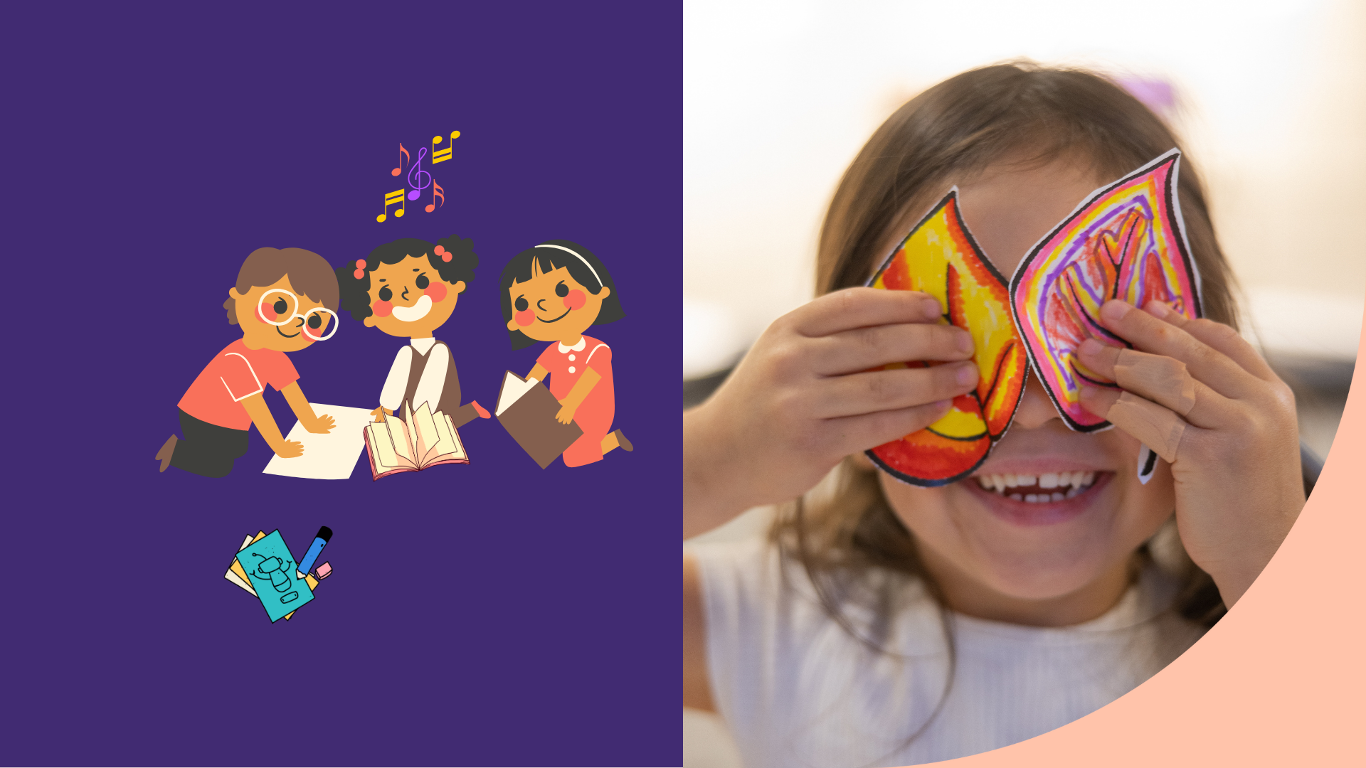 En tecknad bild på en grupp barn som pysslar samt ett foto på en flicka som håller upp två utklippta löv framför sina ögon