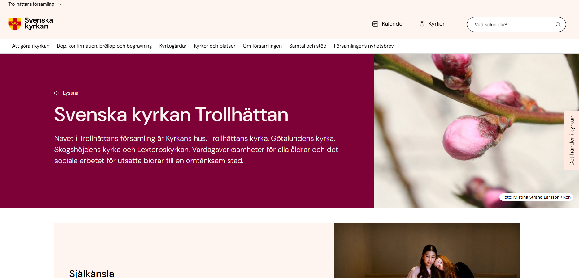 Skärmbild av Trollhättans församlings webbplats