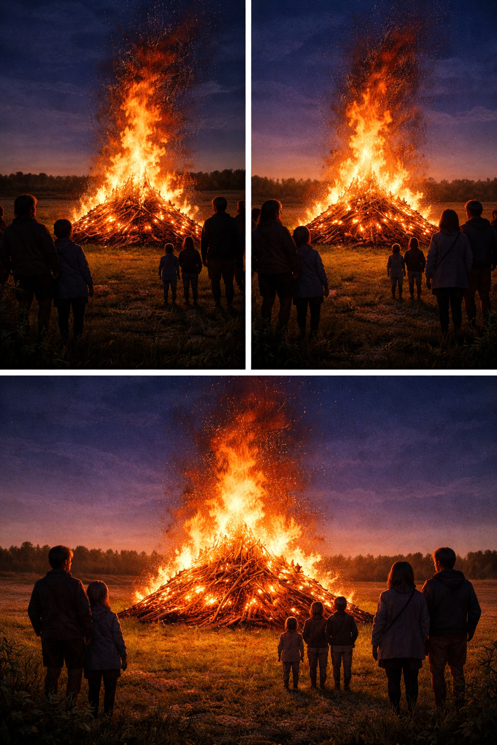 Människor tittar på och värmer sig vid en valborgsbrasa.