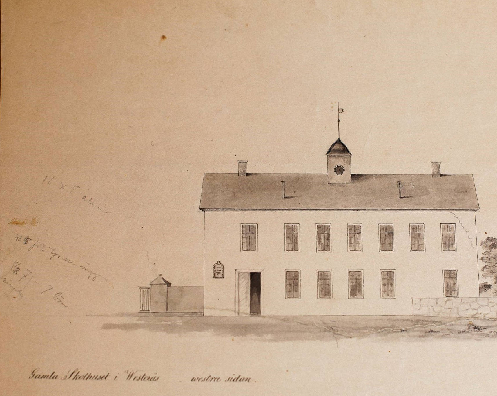 Ritning från Alvin av den första skolbyggnaden