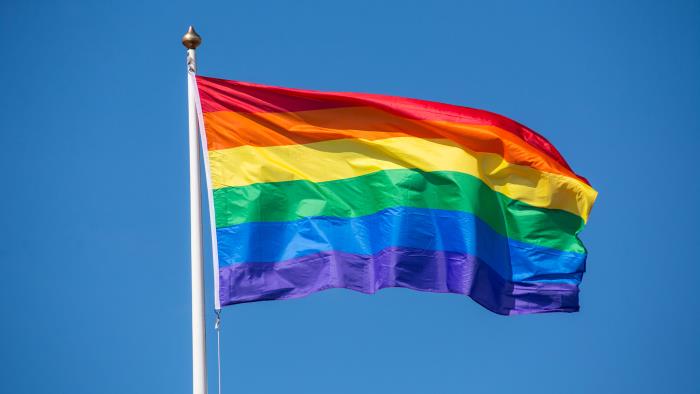 Regnbågsflagga som flaggar i vinden mot en blå himmel