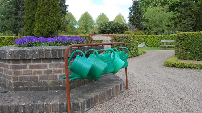 Vattenkannor på en metallstolpe. Bakom plantering med lila penseer.