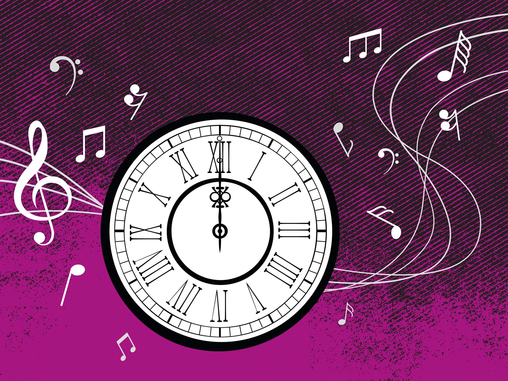 En klocka som står på tolv syns på lila bakgrund. Bredvid finns musiknoter i vitt.