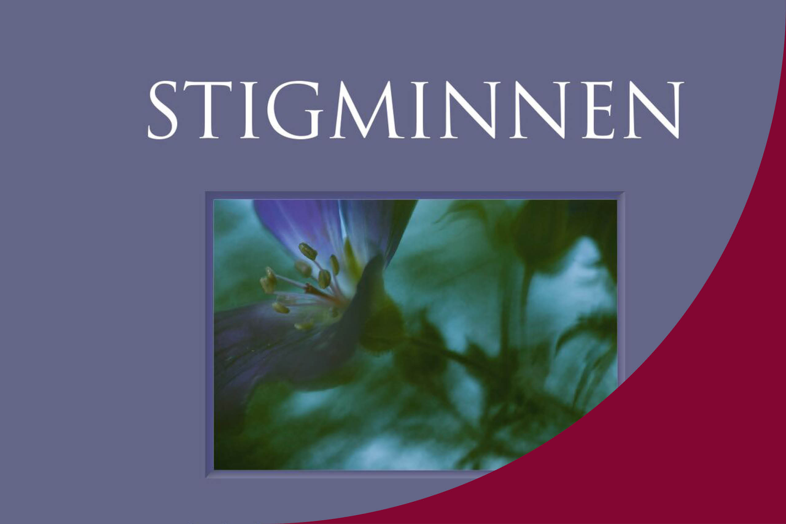Framsidan på boken Stigminnen. En lila framsida med vit text och mitt på en bild med gröna blad.