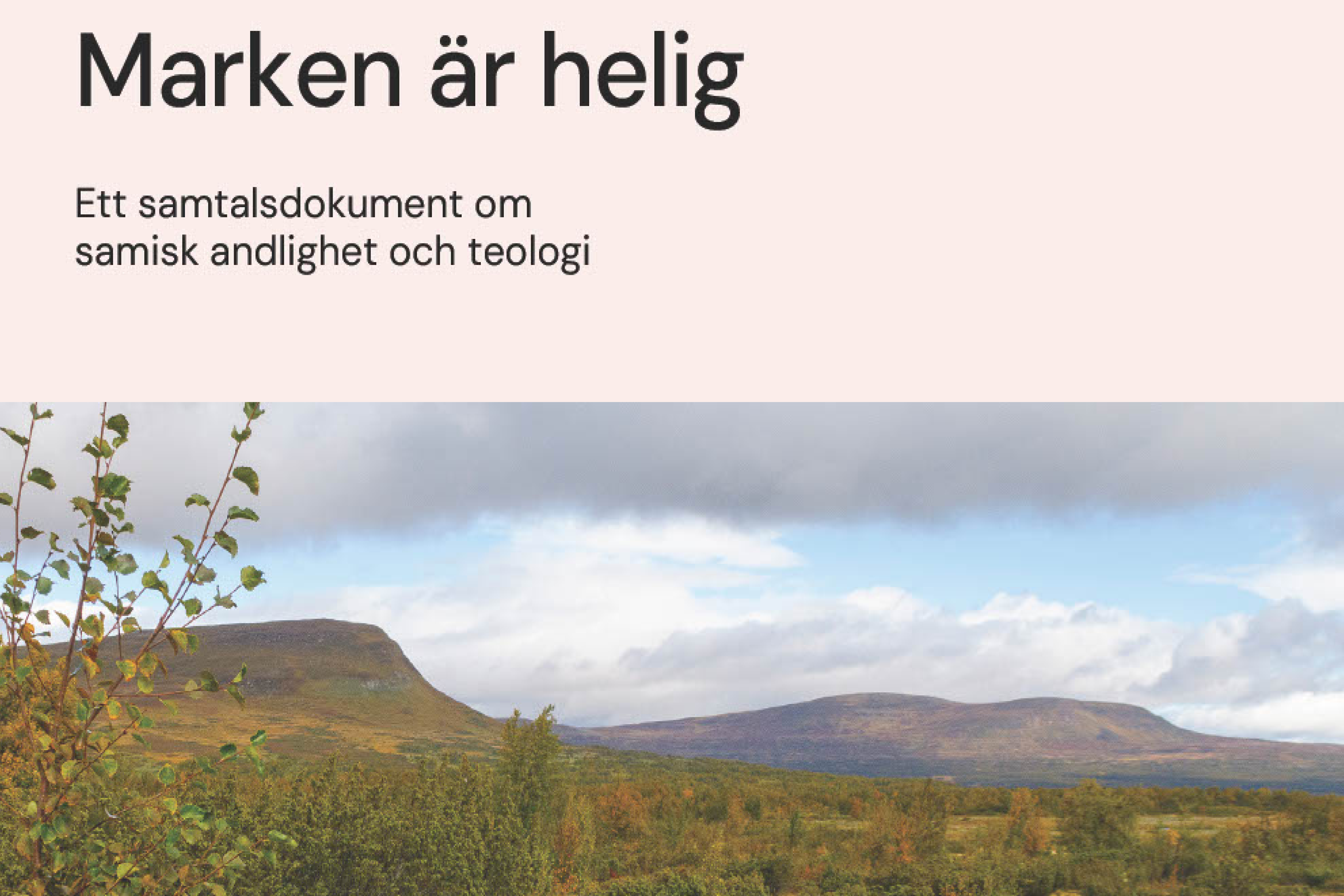 Framsidan på skriften "Marken är helig" med en bild på fjällvärden. I framkant ser man en äng och i bakgrunden fjälltoppar.  