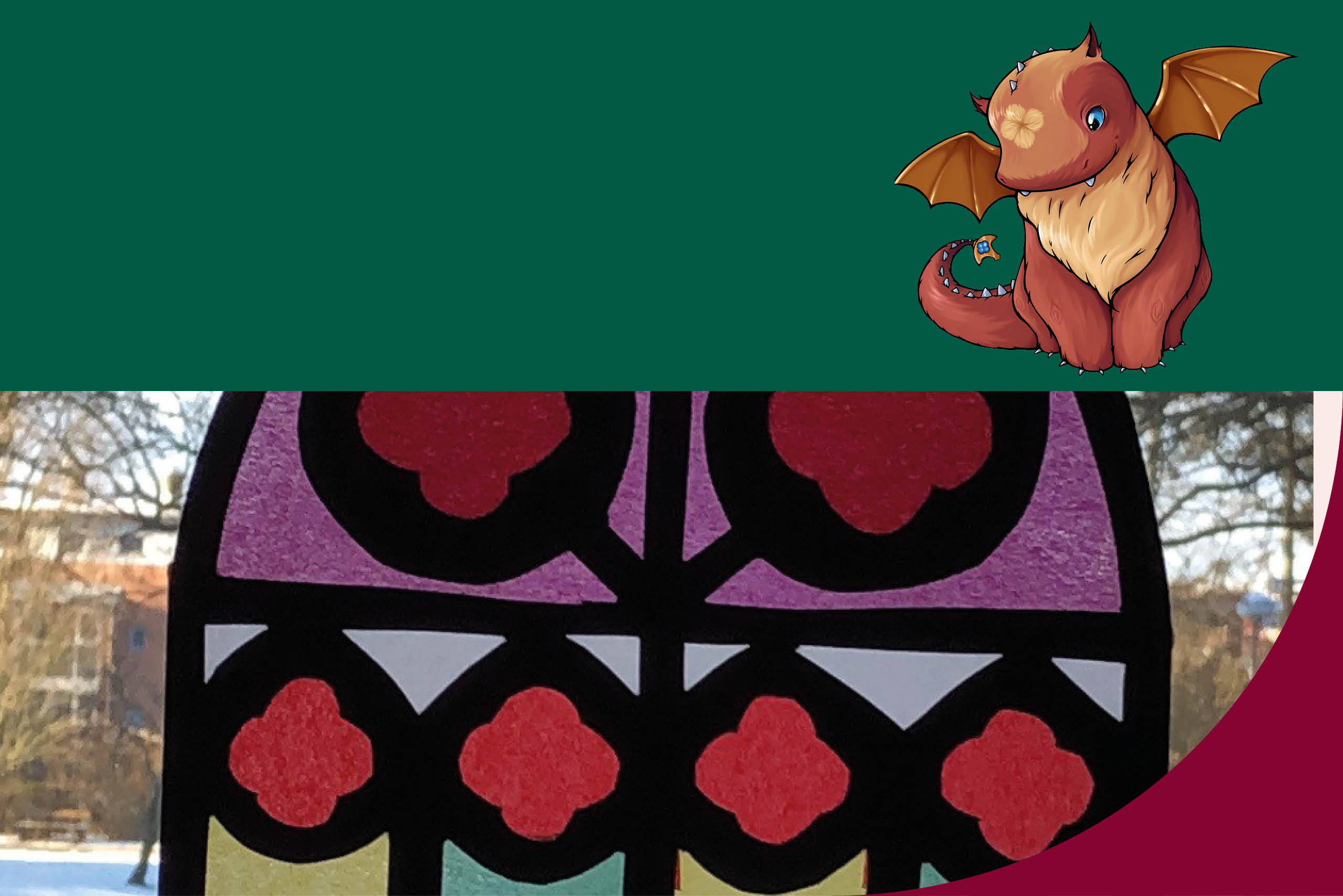 Ett kyrkfönster i svart kartong med påklistrade silkespappersbitar i olika färger. 