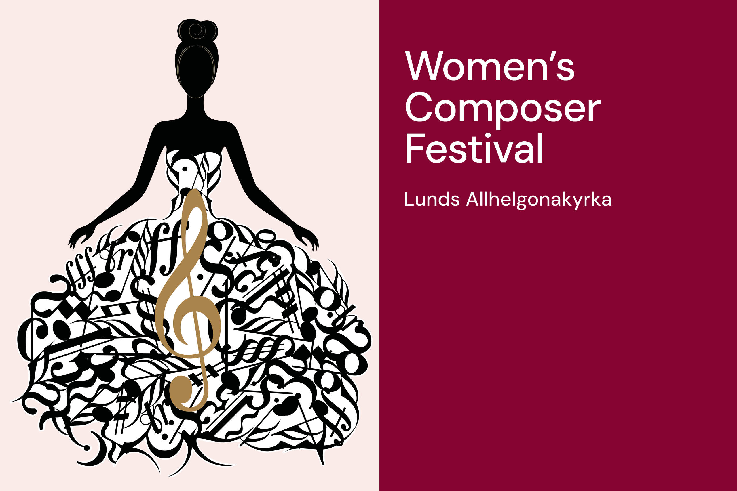 En siluette av en kvinna vars kjol är gjort av en massa noter, klavar, etc.