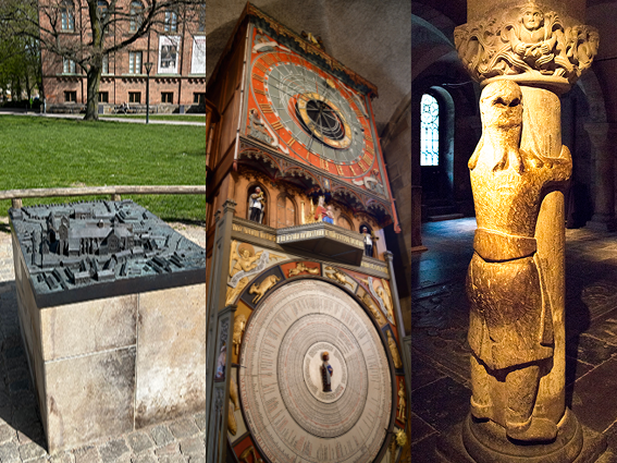 Bronsmodell av Lunds domkyrka, uret och jätten Finn.