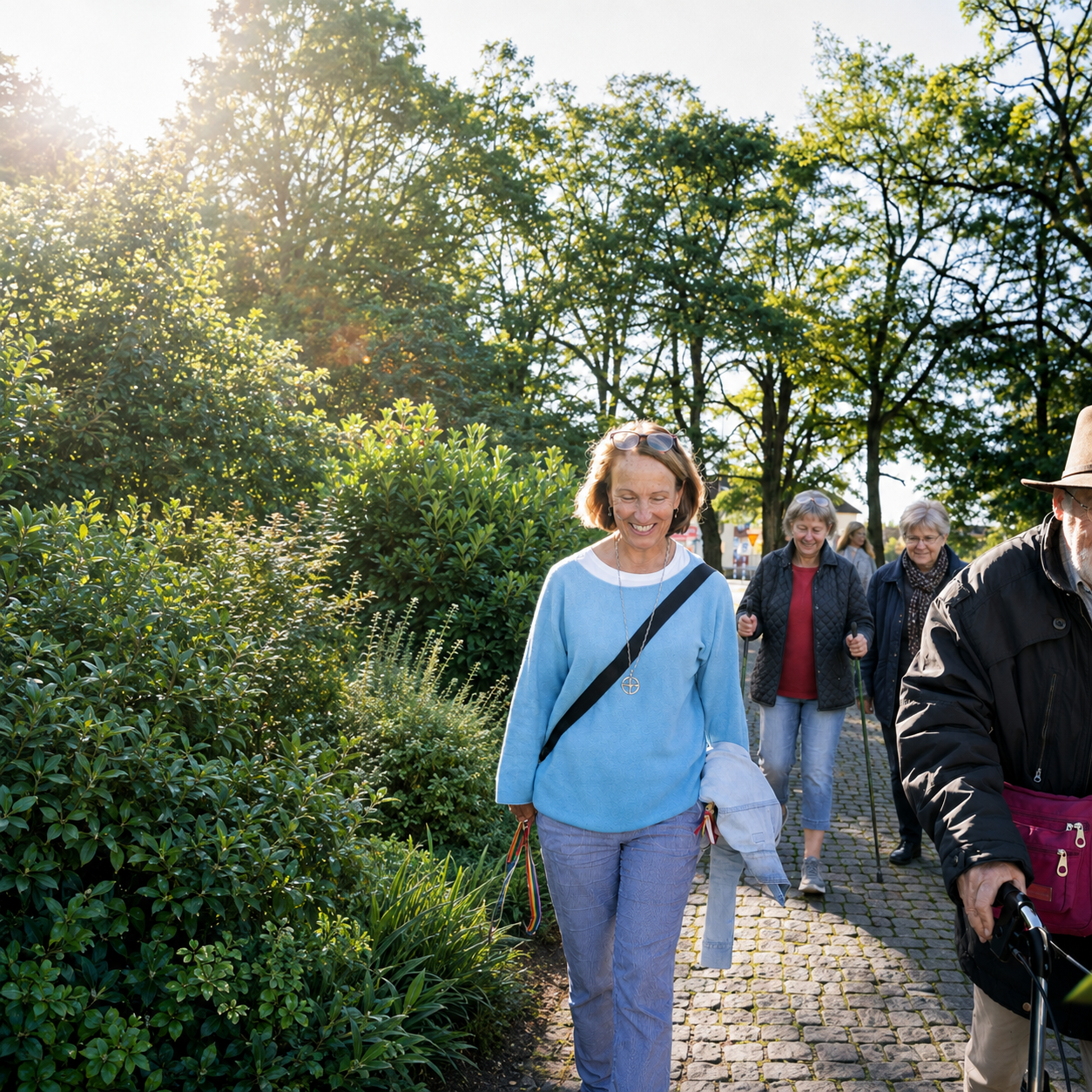 En grupp människor är ute på promenad, en har gåstavar och en har rollator.