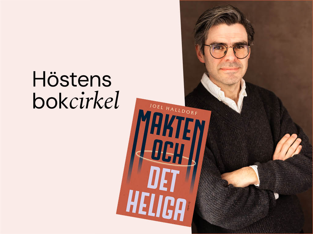 Porträtt av författaren Joel Halldorf och hans bok "Makten och det heliga"