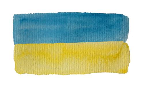 Ukrainas flagga med ett blått fält över ett gult fält.