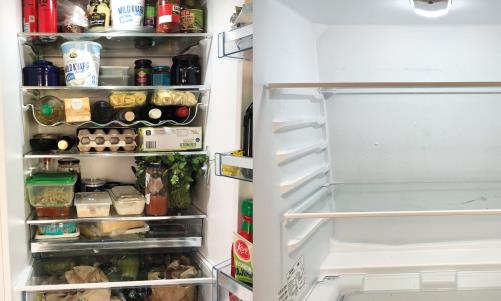 Ett fullt och ett helt tom kylskåp bredvid varandra.