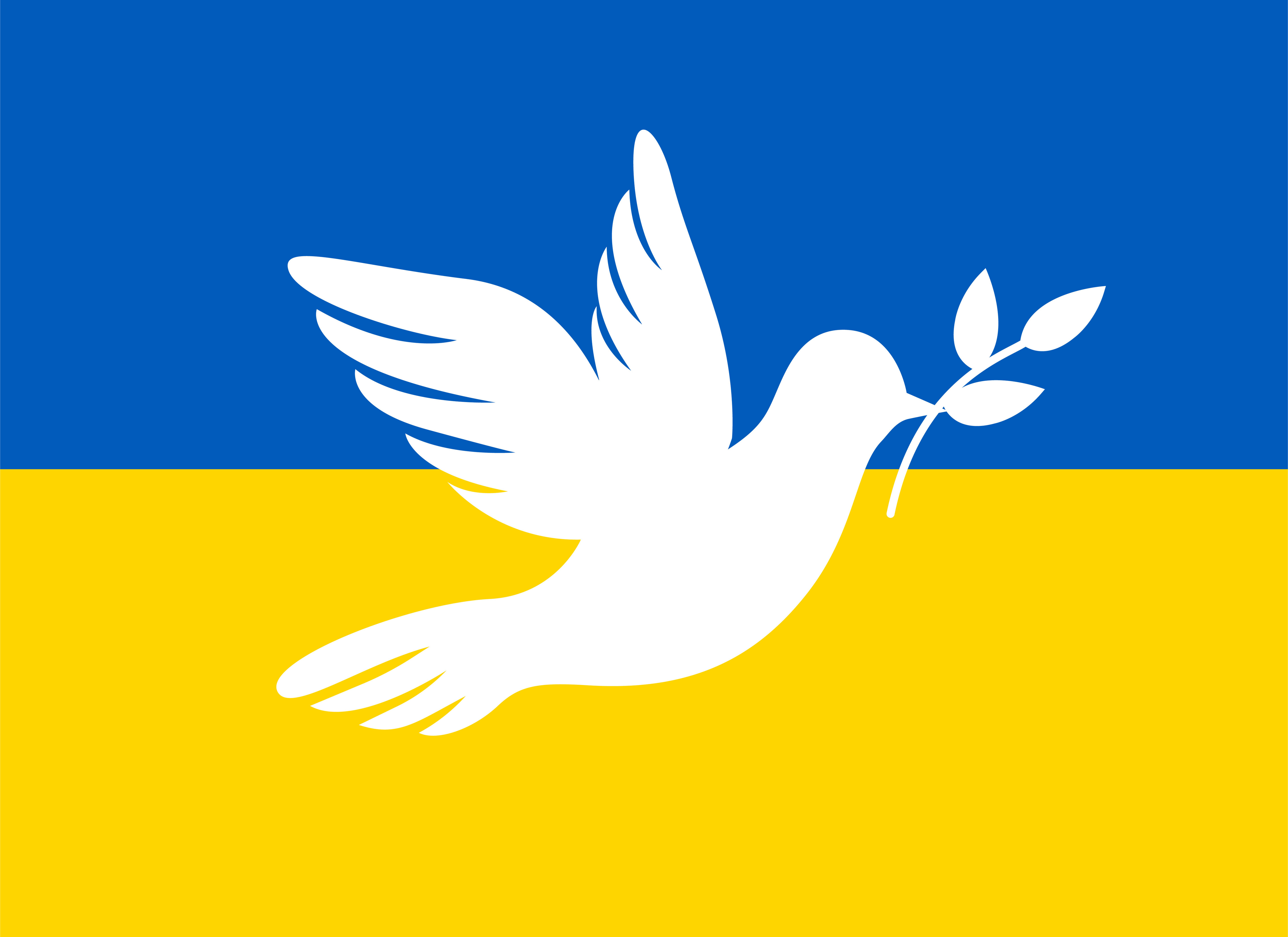 En blå och gul flagga med en vit siluett av en duva på.