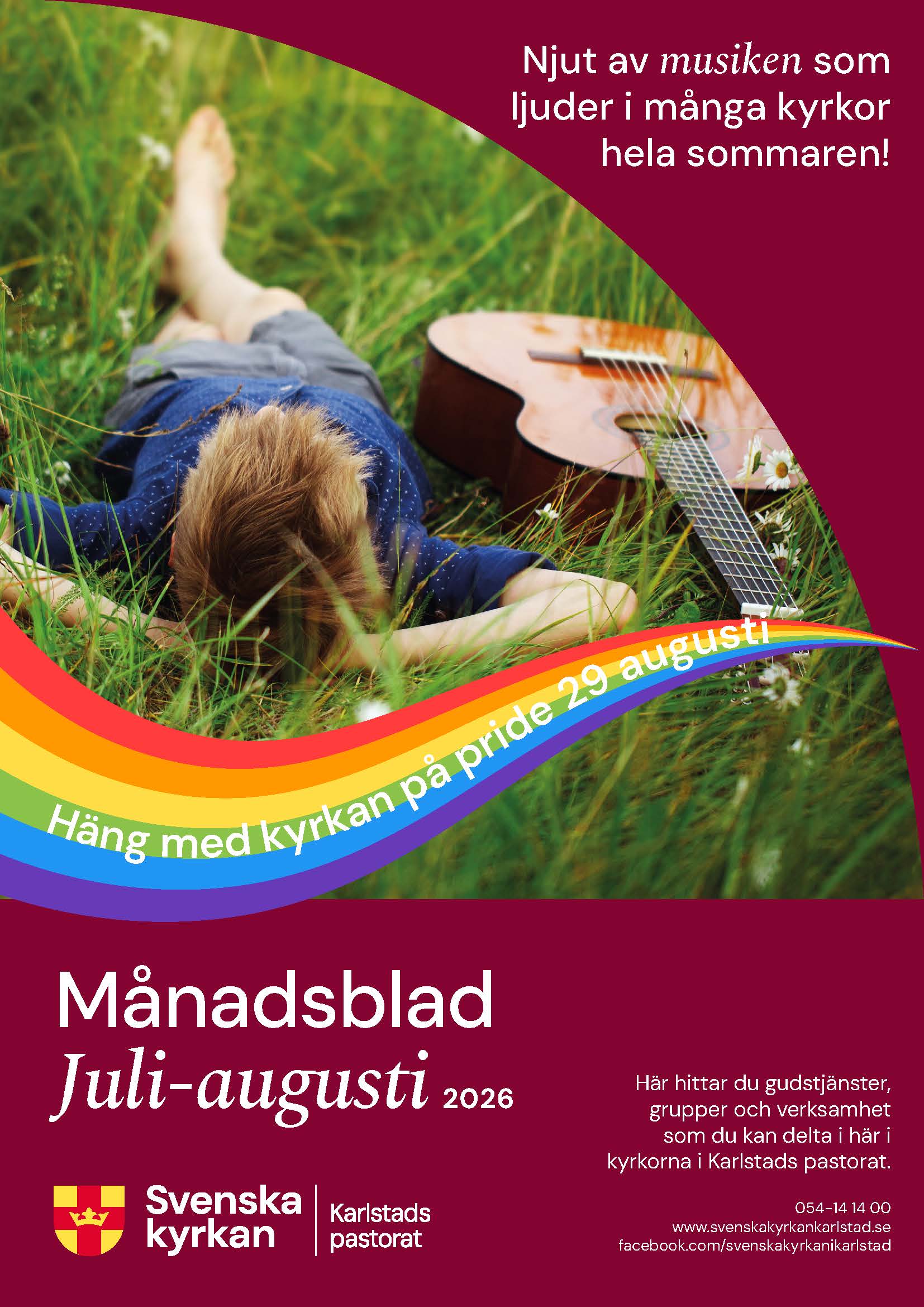 En person ligger i högt gräs med en gitarr bredvid. En regnbåge sveper över bilden.