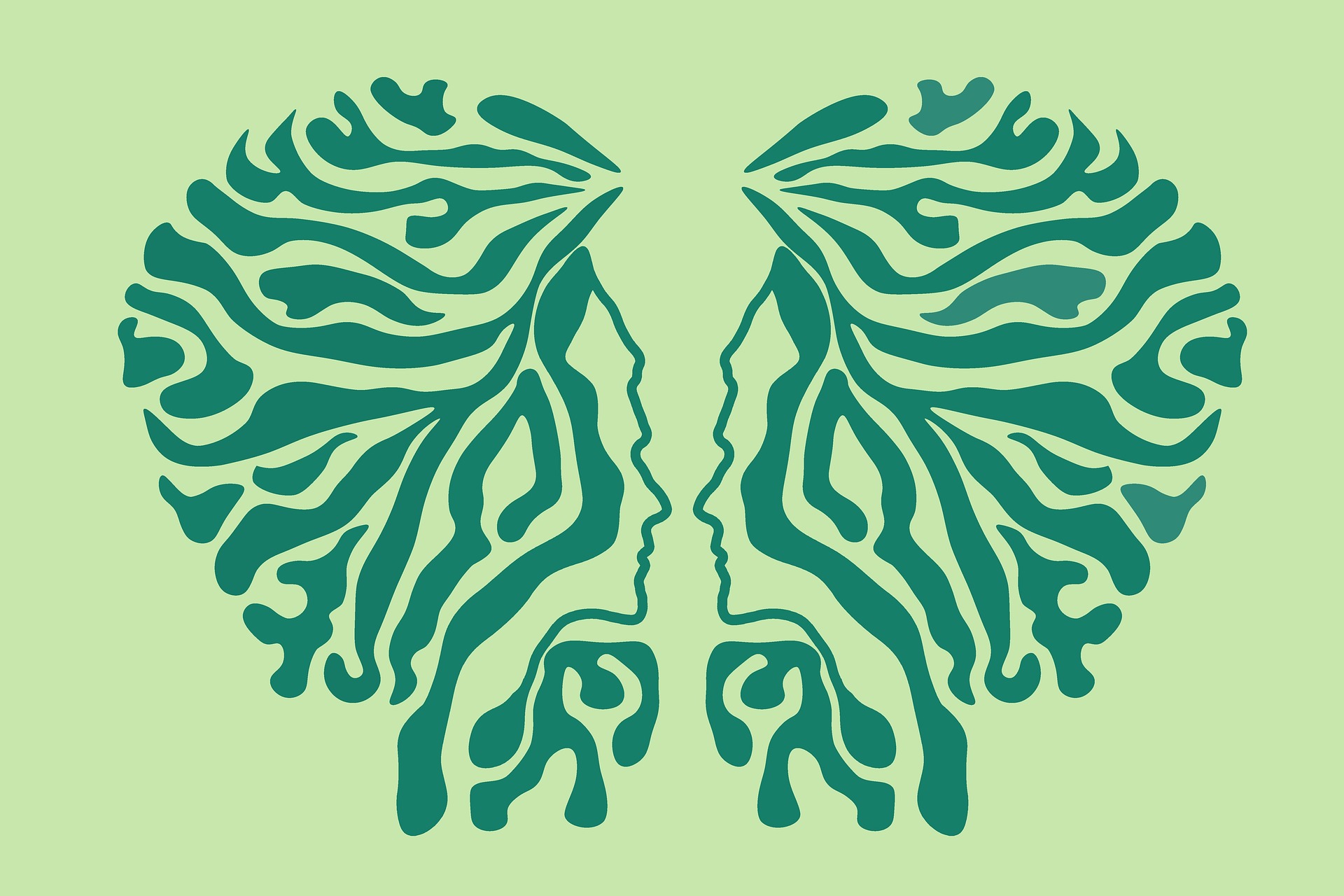 Två illustrerade ansikten mittemot varandra