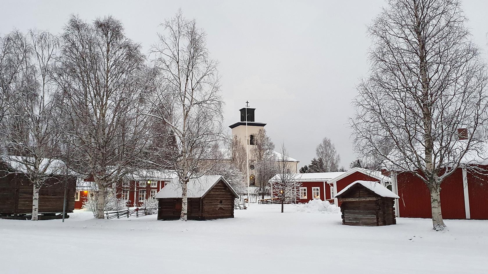 Överluleå kyrka och Bodens hembygdsområde vintern 2020.