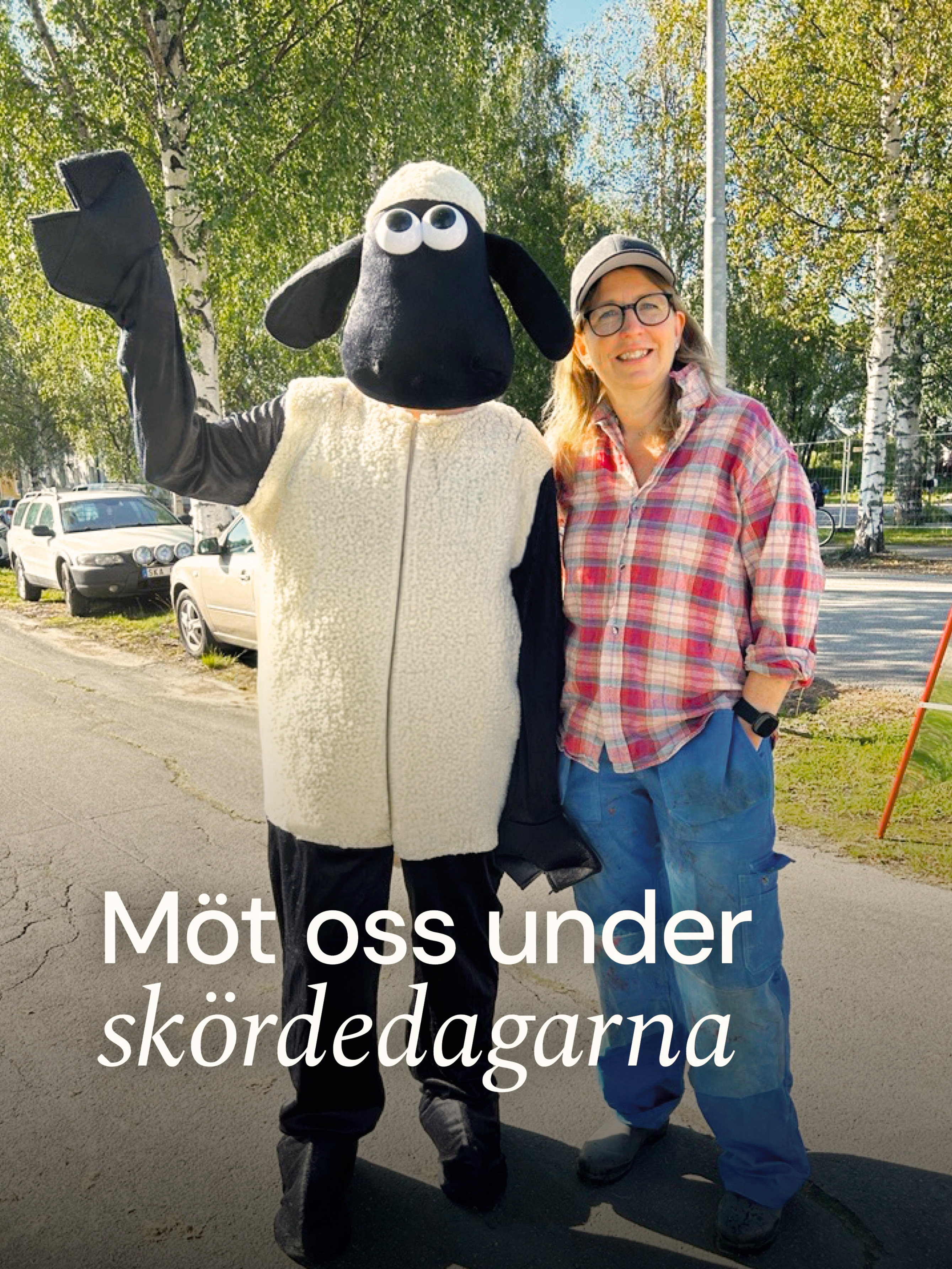 Två personer står på en asfalterad väg. Det är sensommar. En står utklädd i fårdräkt, den andra till bonde med rutig skjorta och snickarbyxor. En text säger möt oss under skördedagarna.
