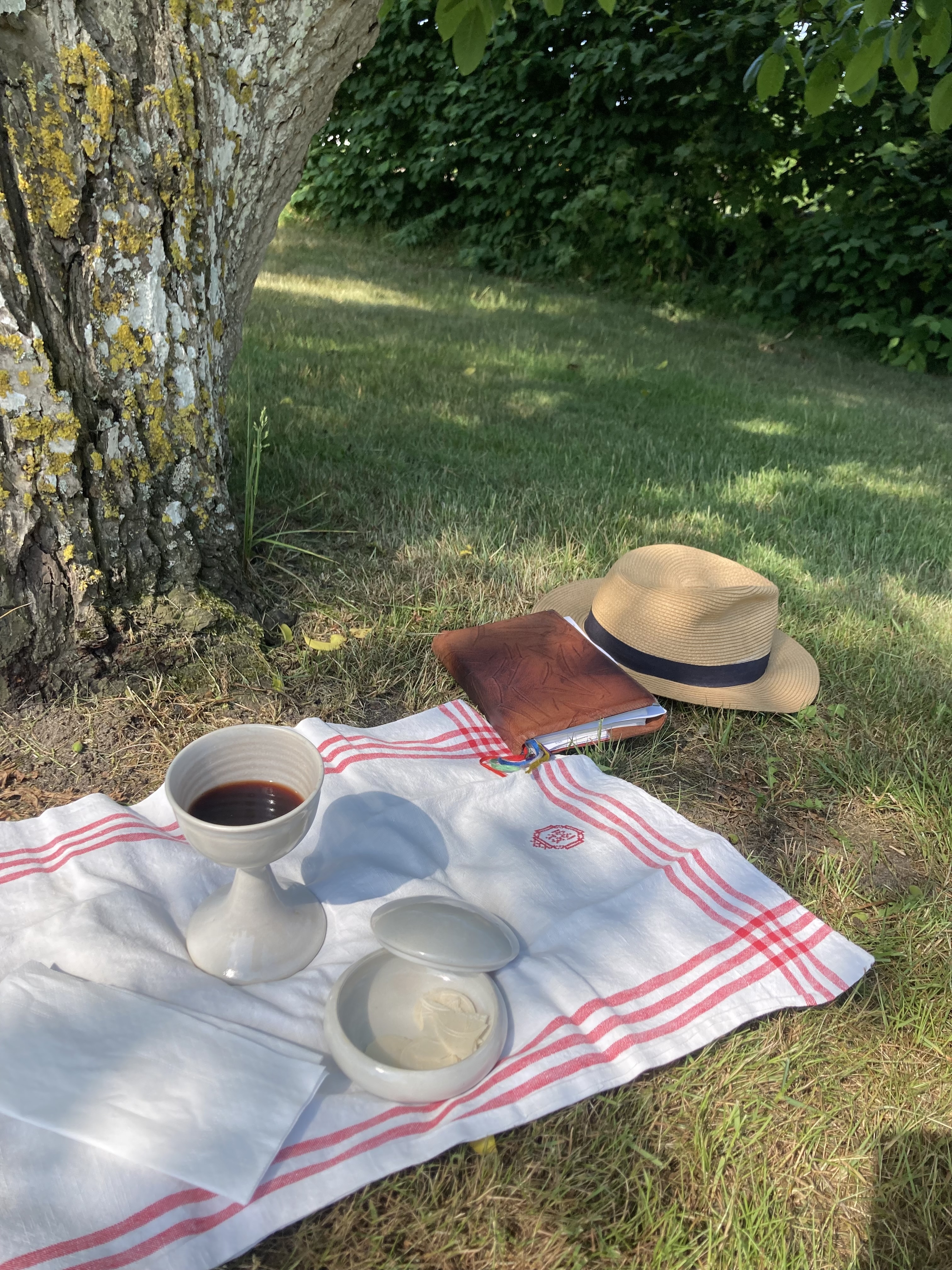 Friluftsmässa med nattvardsbord på filt i gröngräset
