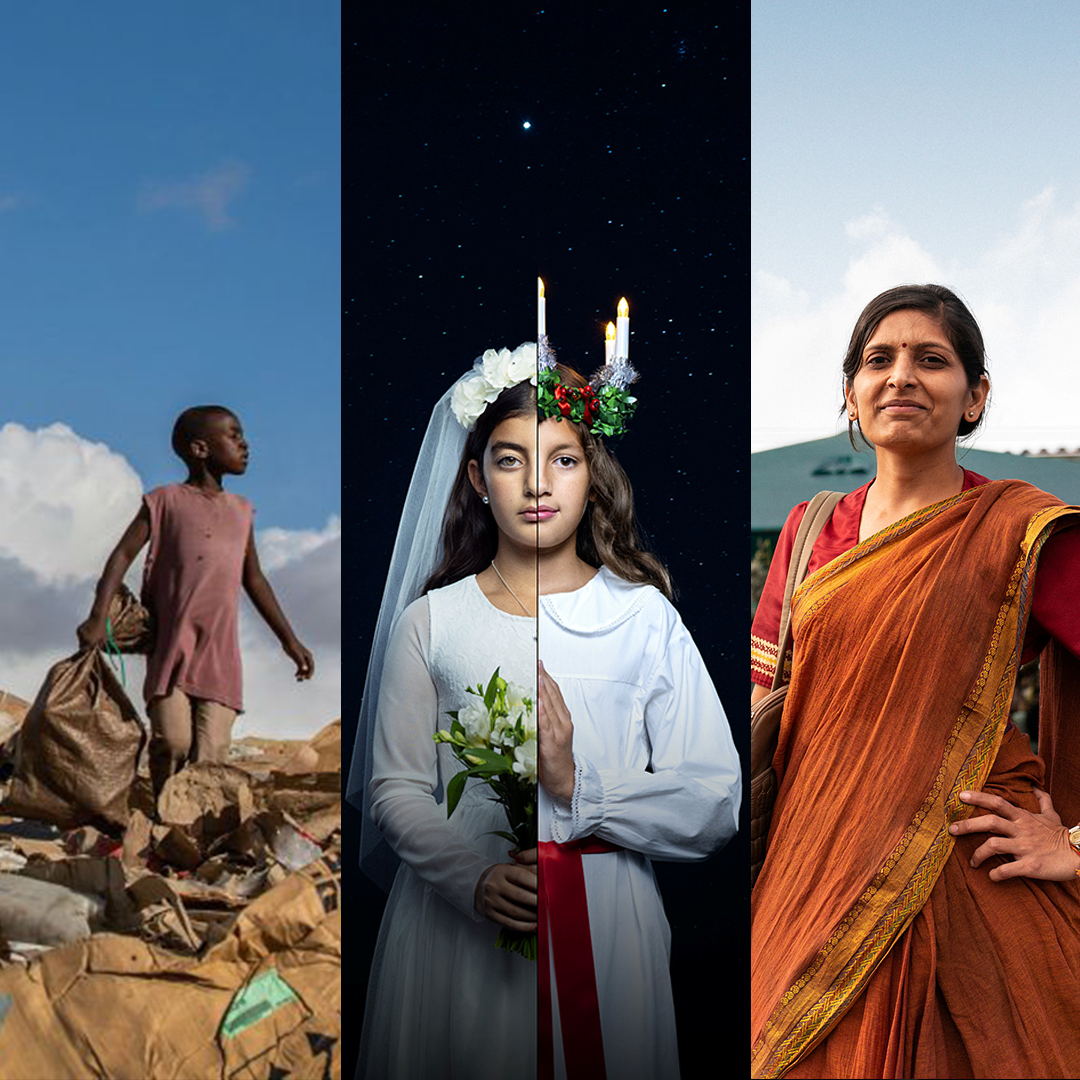 Tre kampanjbilder bredvid varandra. Pojke på soptipp, lucia, kvinna på marknad i Indien