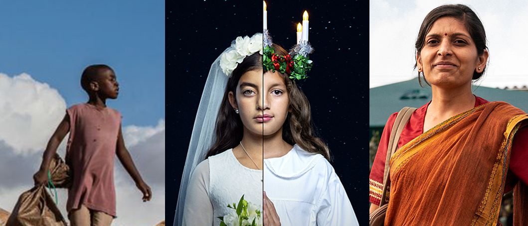 Tre kampanjbilder bredvid varandra. Pojke på soptipp, lucia, kvinna på marknad i Indien