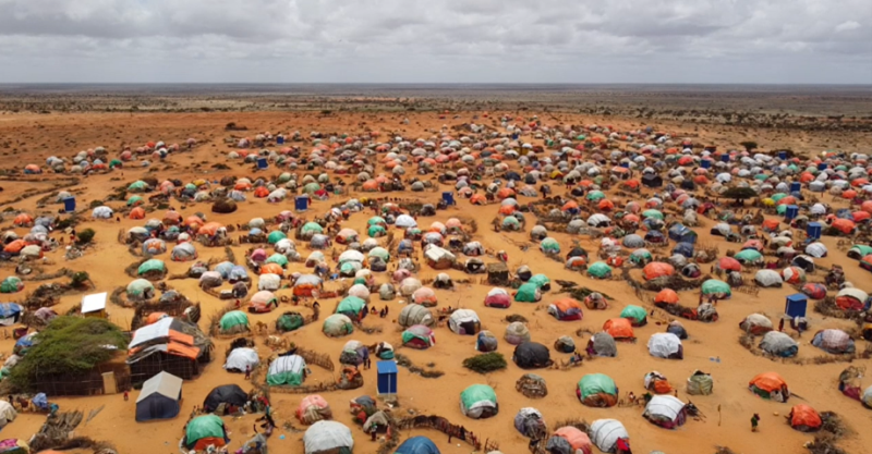 Översiktsbild av ett flyktingläger i ökenlandskap.