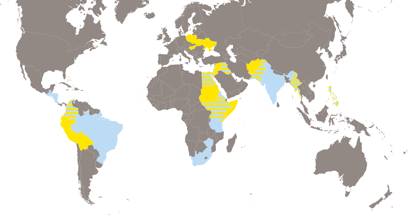 Karta som visar Act Svenska kyrkans insatser under 2023