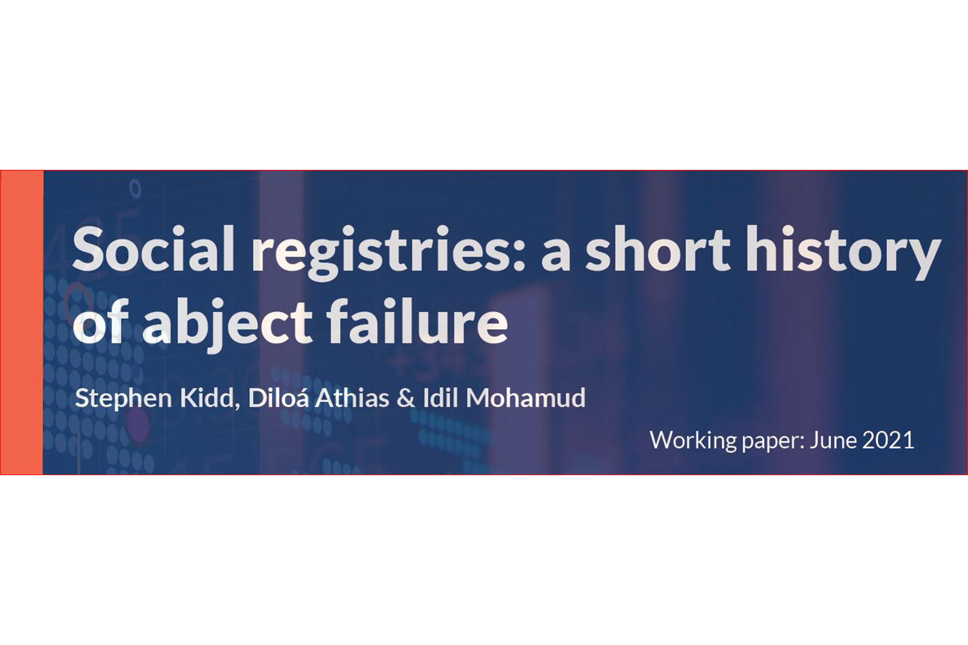 Text på lila bakgrund. Social registries: a short history of abject failure