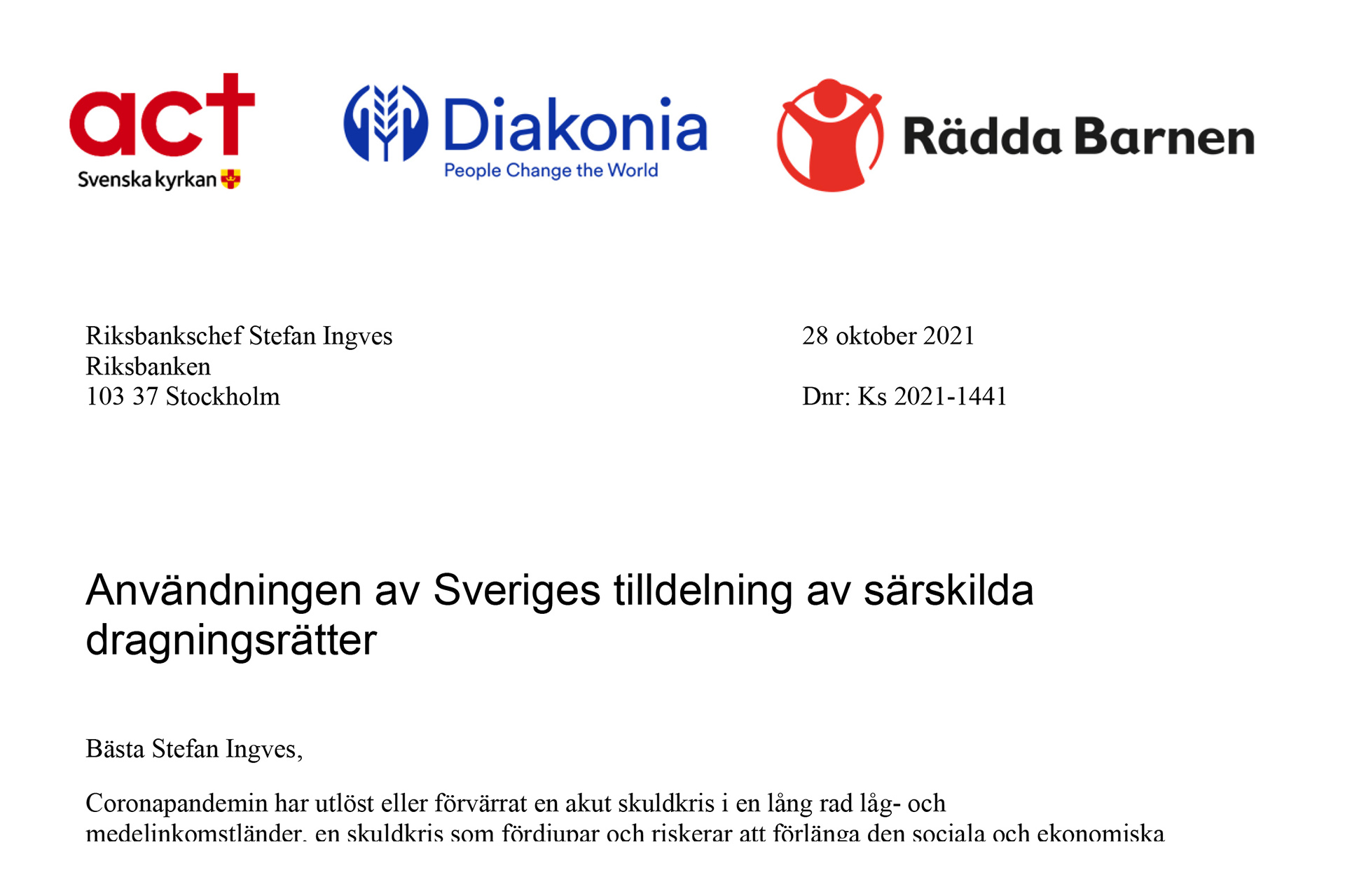 INledningen av öppet brev till riksbankschefen. Logotyperna för Act Svenska kyrkan, Diakonia och Rädda barnen.