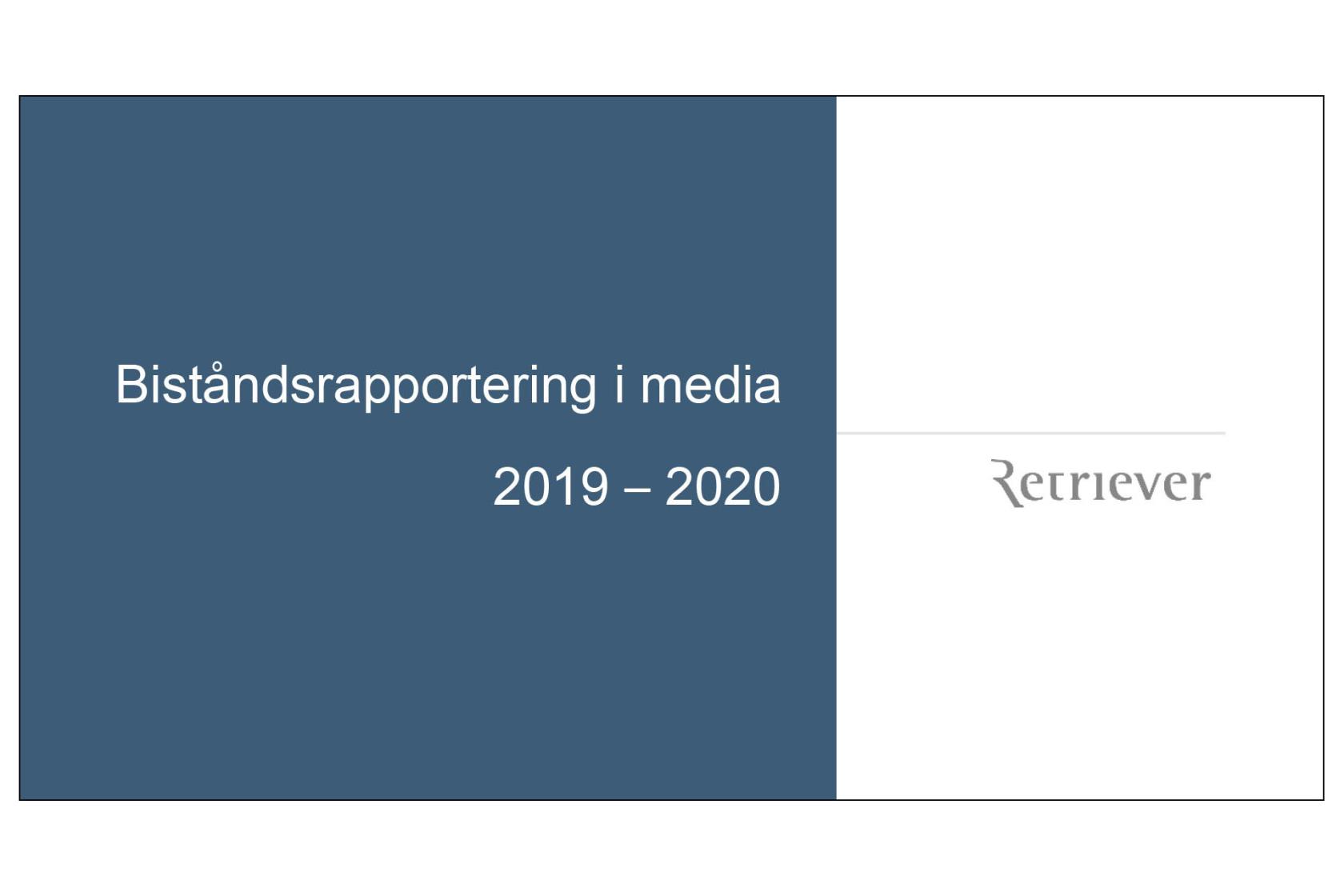 Vit text på blå bakgrund. Det står Biståndsrapportering i media 2019-2020. 
