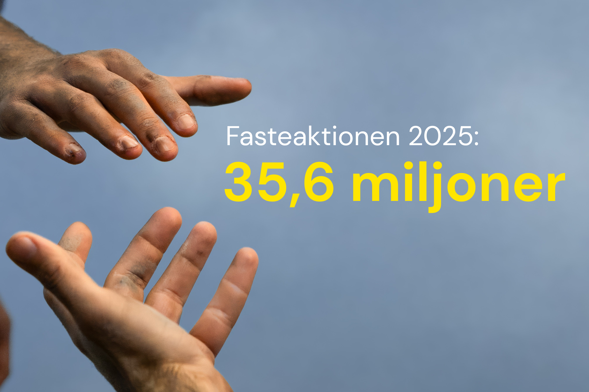 Två händer som sträcks mot varandra mot ljusblå himmel. Text: Fasteaktionen 2025: 35,6 miljoner