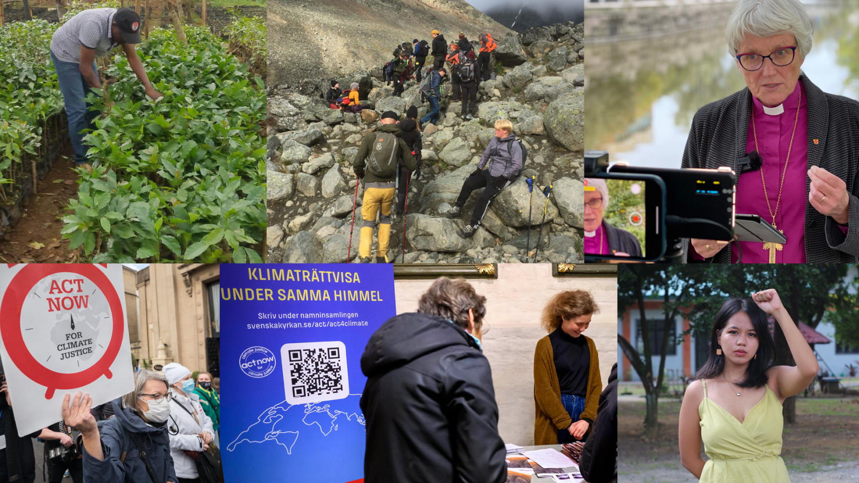 Montage av sex bilder fån klimatkampanjen. Man som odlar, pilgrimsvandring, Antje, demonstration, samtal och changemaker. 