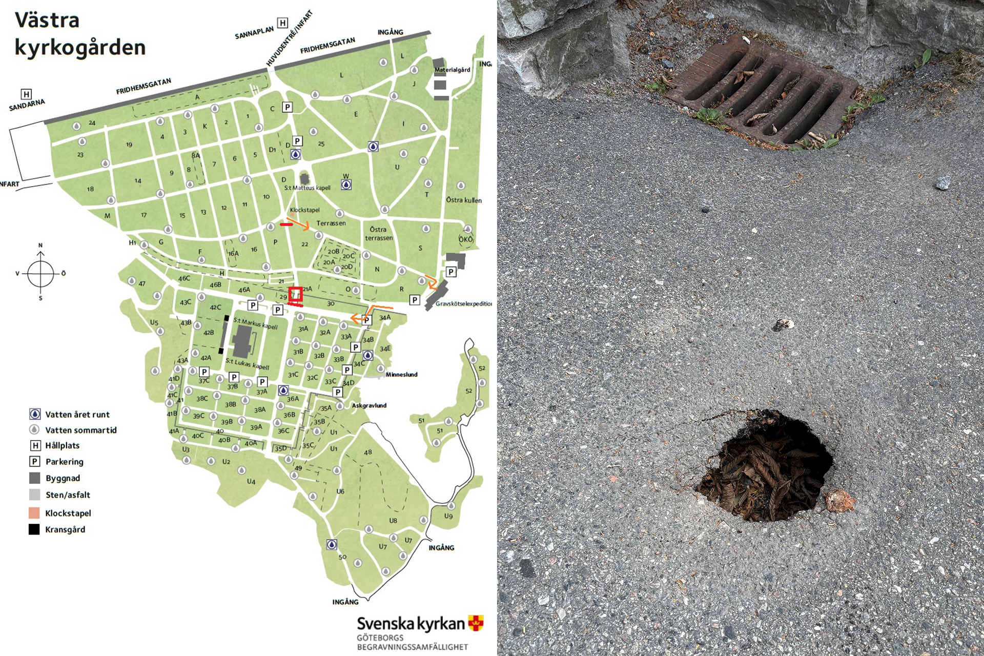 Collage med karta över Västra kyrkogården med omväg inritad samt bild av mindre slukhål och gallerbrunn i gatukanten.
