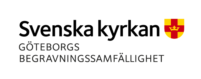 Logotyp med texten Svenska kyrkan Göteborgs begravningssamfällighet samt gul bild med rött kors