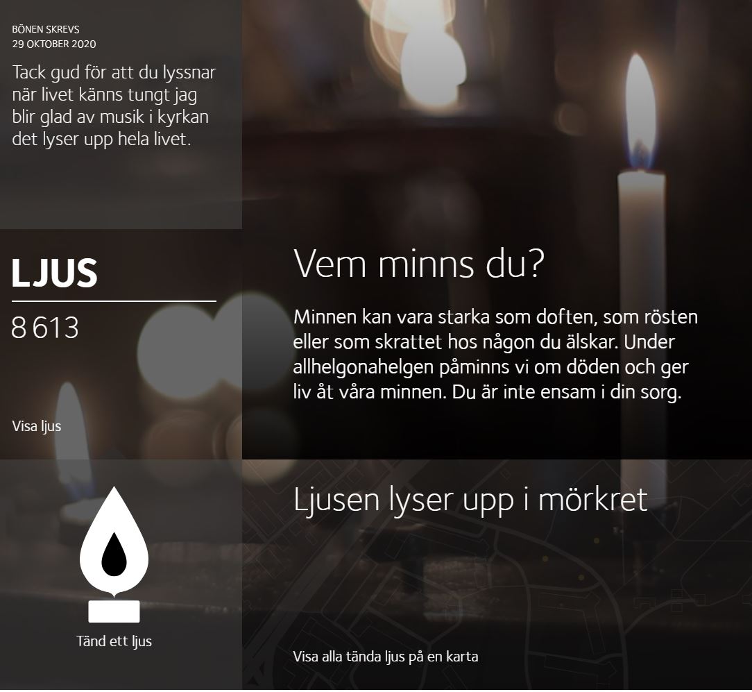 Collage från alhelgonawebben med ljus och texter 