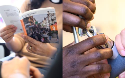 Collage. Fotot tillvänster visar präst som läser ur arbetsmiljölagen, fotot till höger visar händer från två personer som samarbetar. 