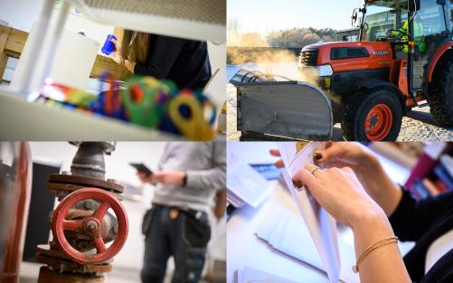 Collage med foton som visar saxar, person som kuverterar, rör med stor ratt samt en traktor med skopa som kör ut ur garage. 