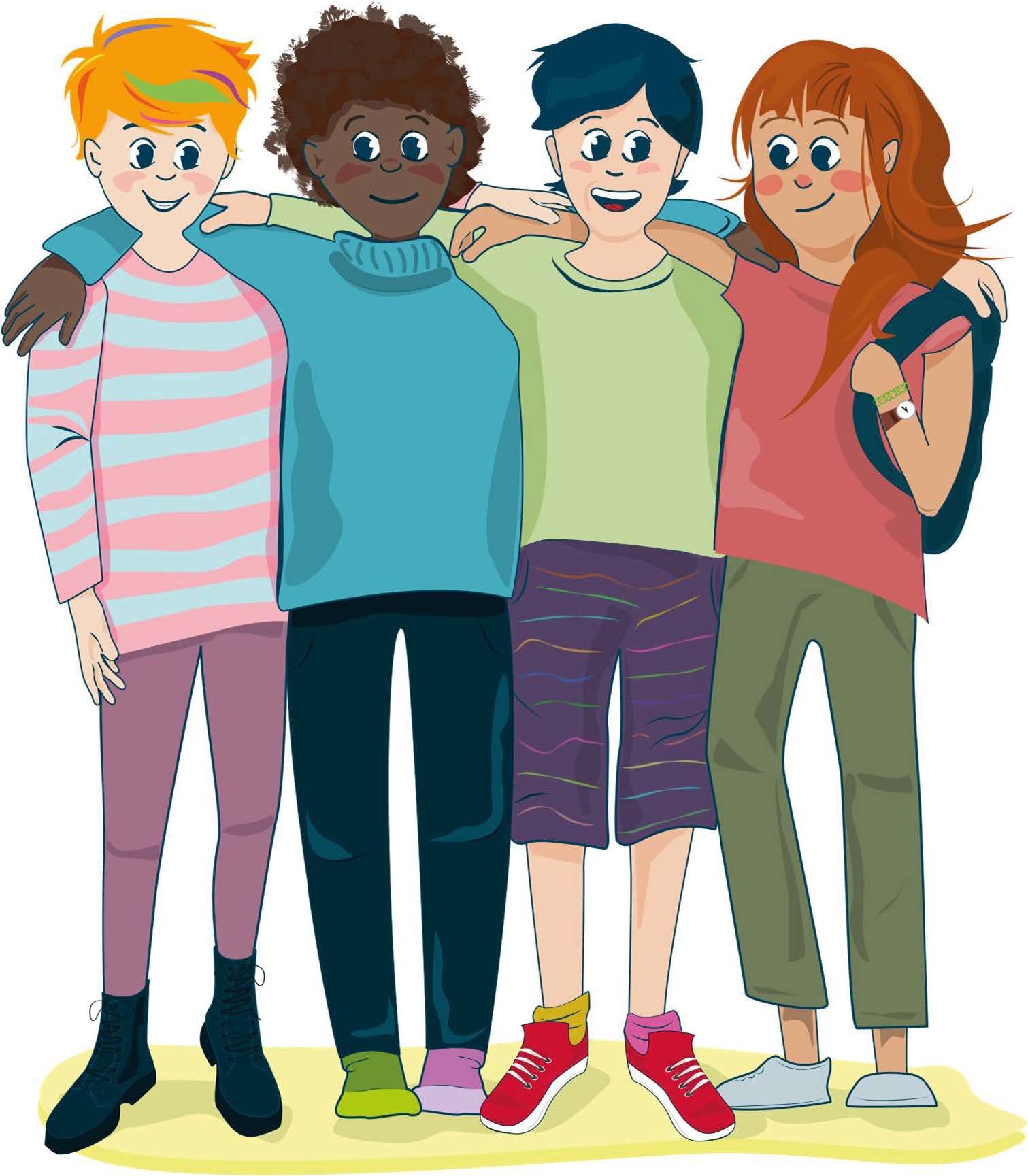 Nuorisoryhmä seisoo yhdessä kaulakkain.