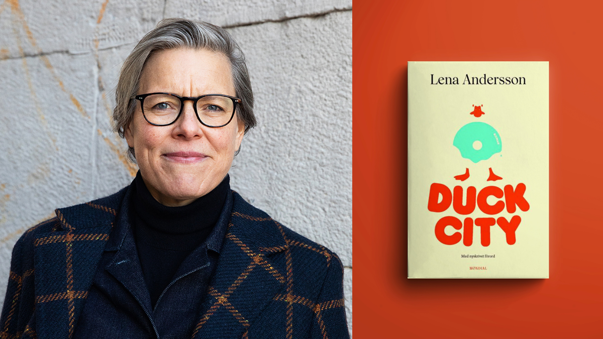 Porträtt av Lena Andersson med bokomslag