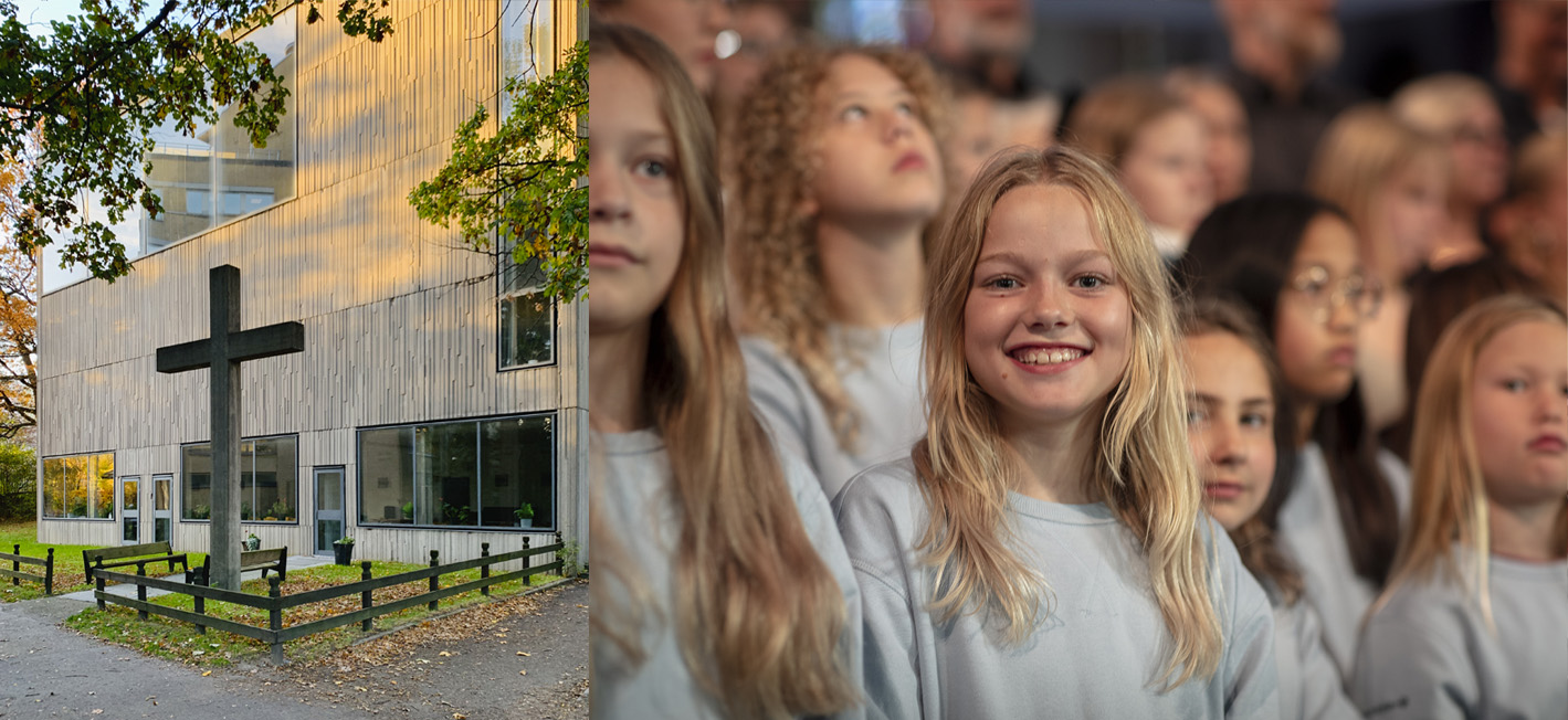 Bild av Bergshamra kyrkas exteriör och en bild på en glad barnkör i Svenska kyrkan.