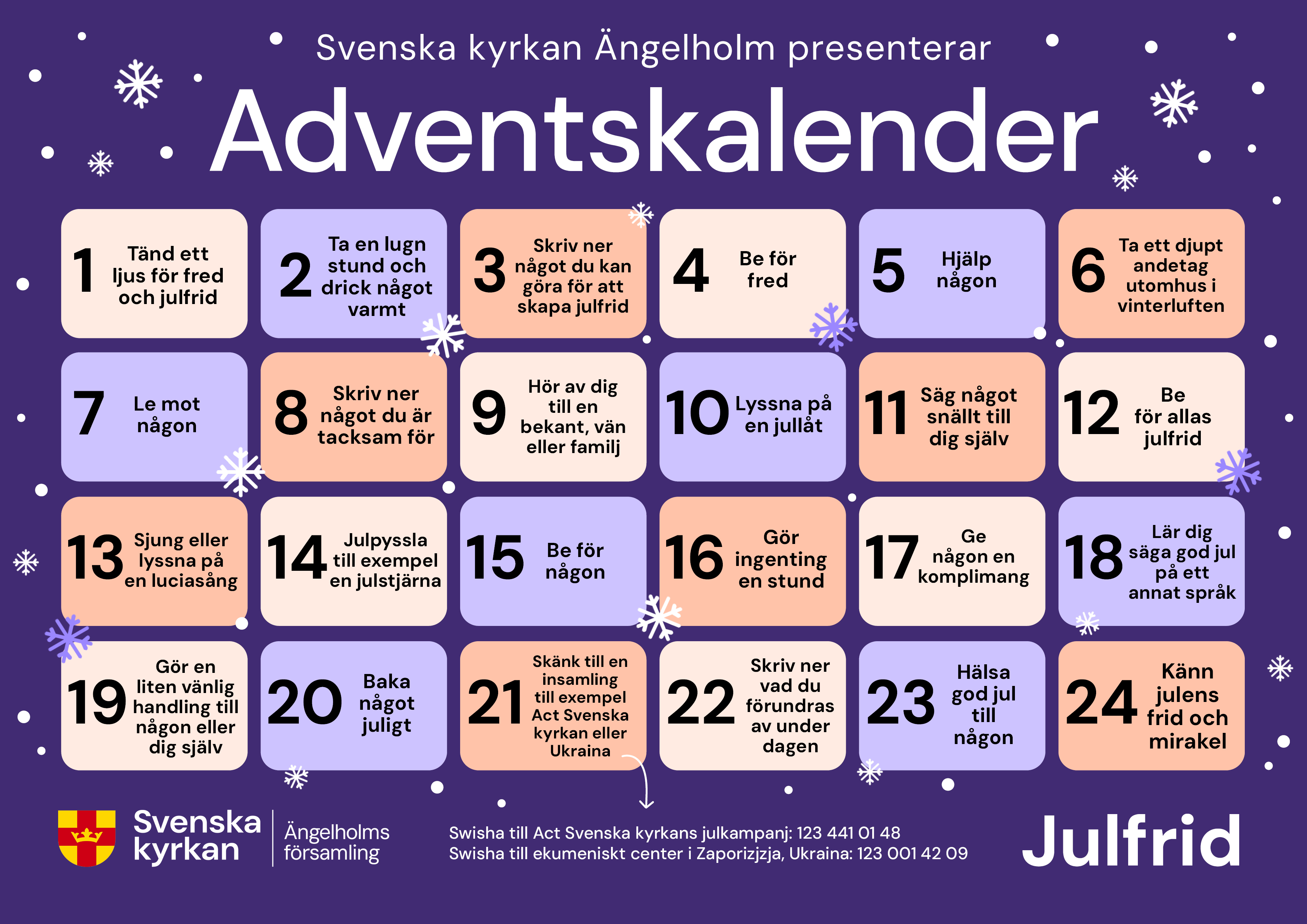 Adventskalender med snöflingor och luckor fram till jul.