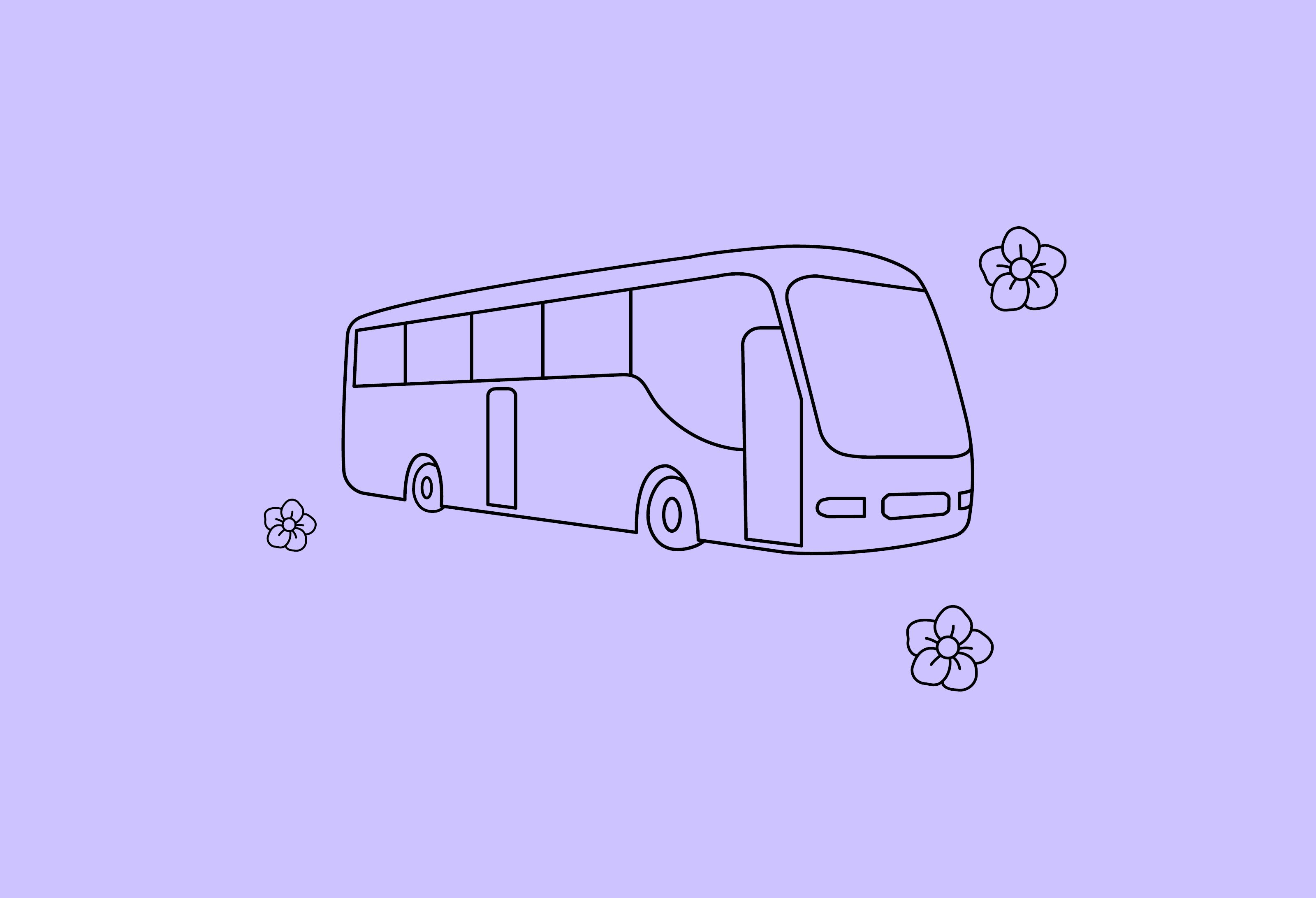 Illustration av en buss med blommor runtomkring.