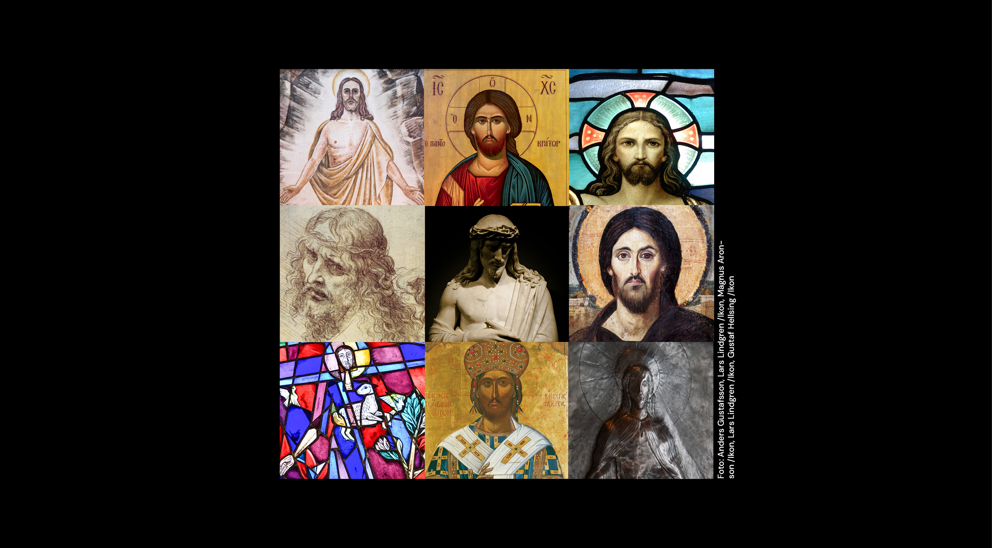 Collage av Jesus i olika bilder i olika tidsepoker och traditioner. 