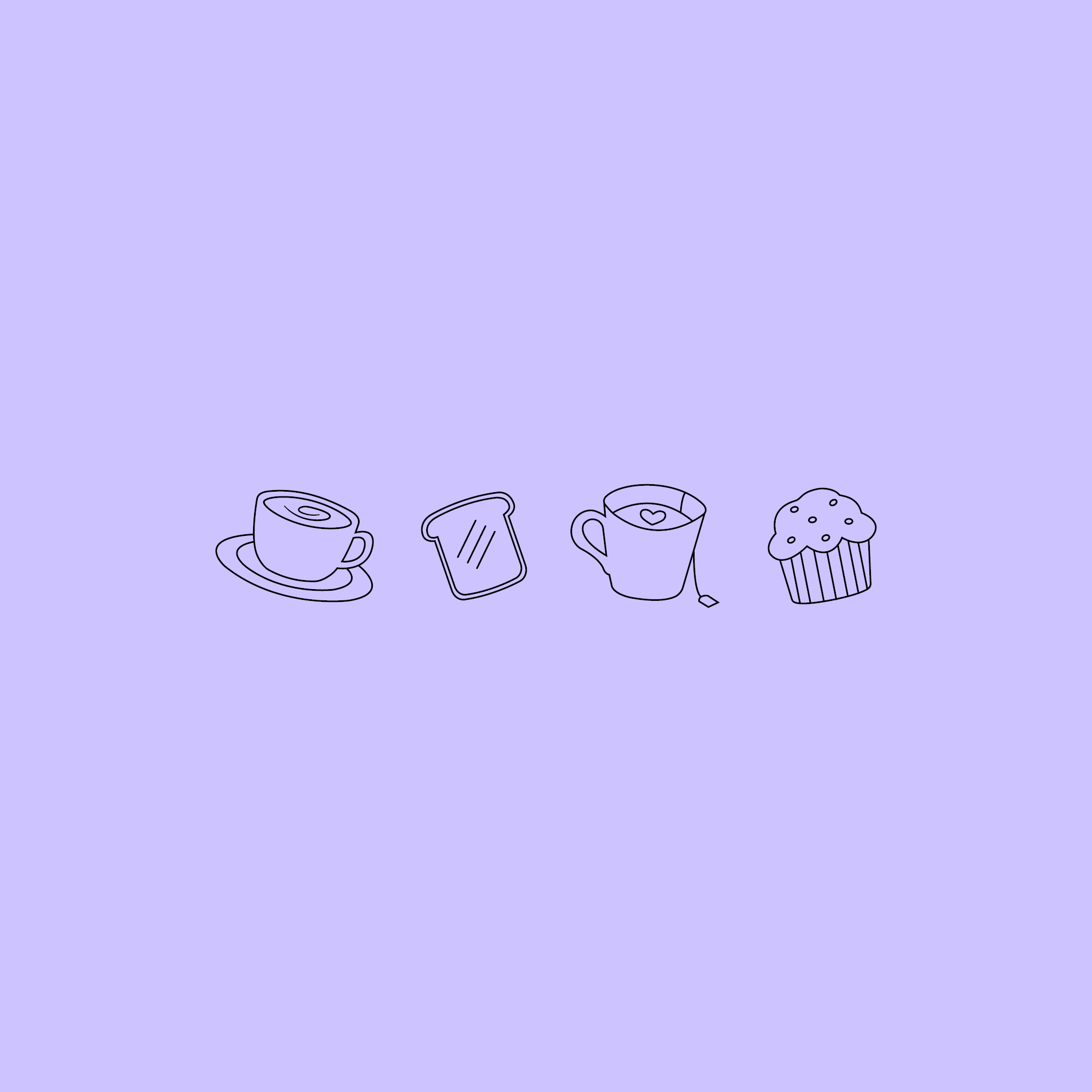Illustration av kaffekopp, smörgås, tekopp och frukostmuffins.