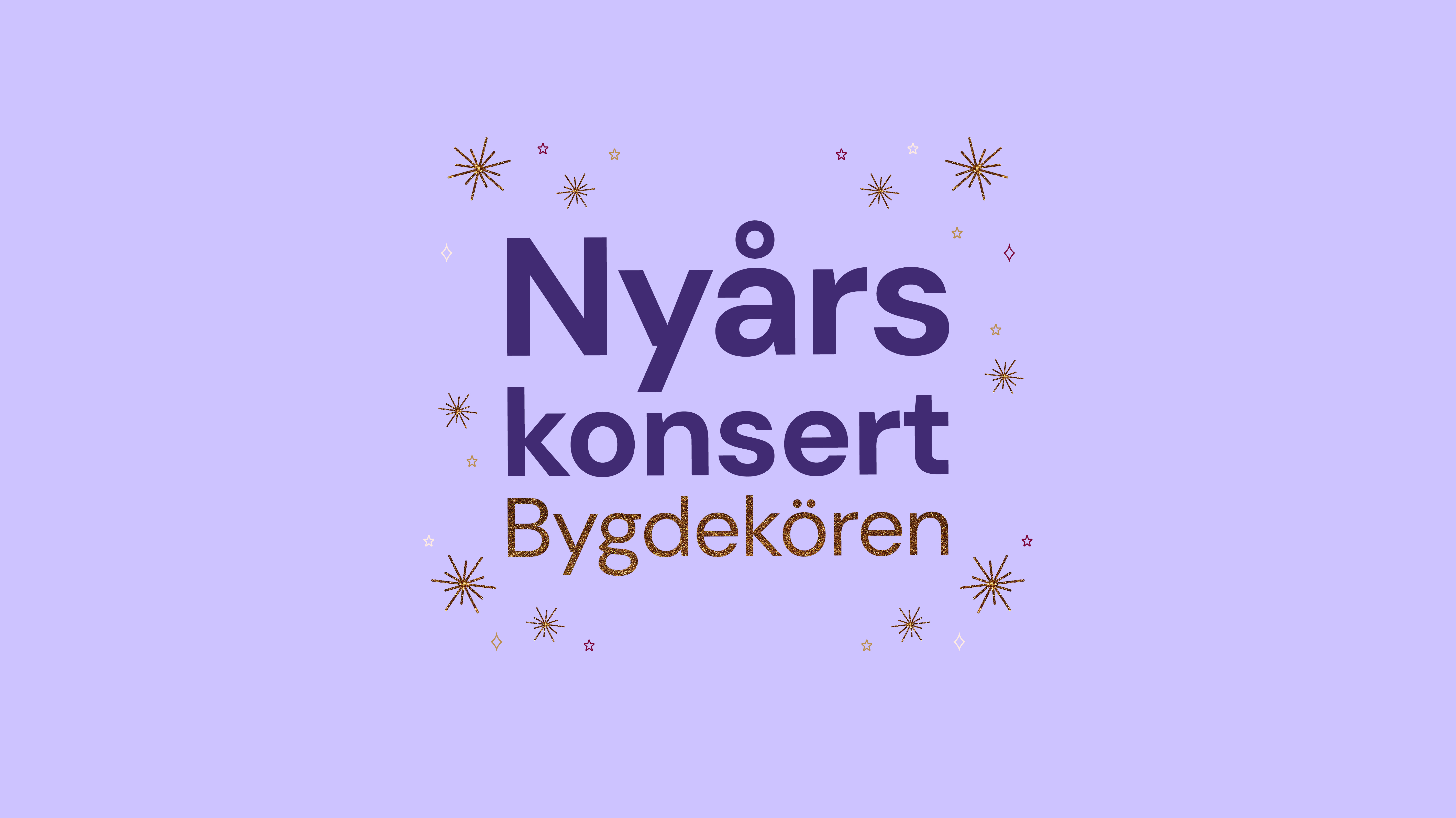 Text Nyårskonsert Bygdekören med illustrationer av nyårsraketer och stjärnor.