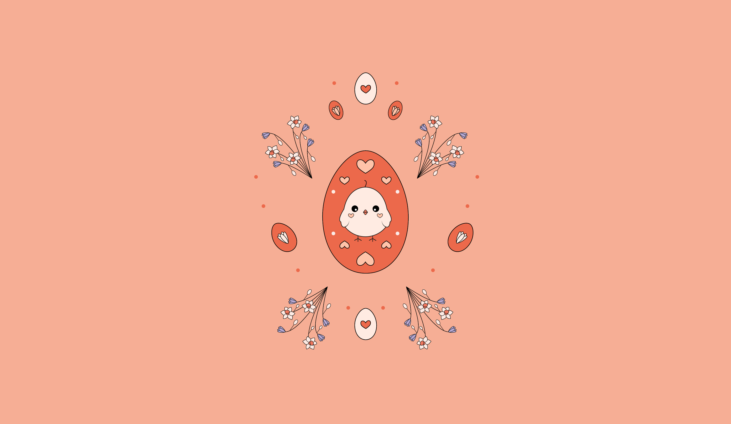 Påskris och påskägg som är målade med en kyckling, blommor och hjärtan. 